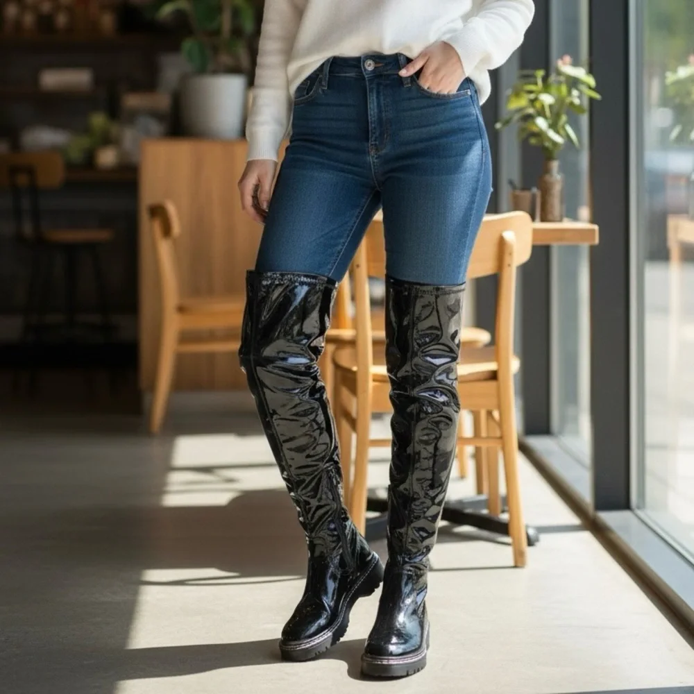 River Island Amsterdam‎ Womens Black Long Patent Knitted Over the Knee Boots 6.5